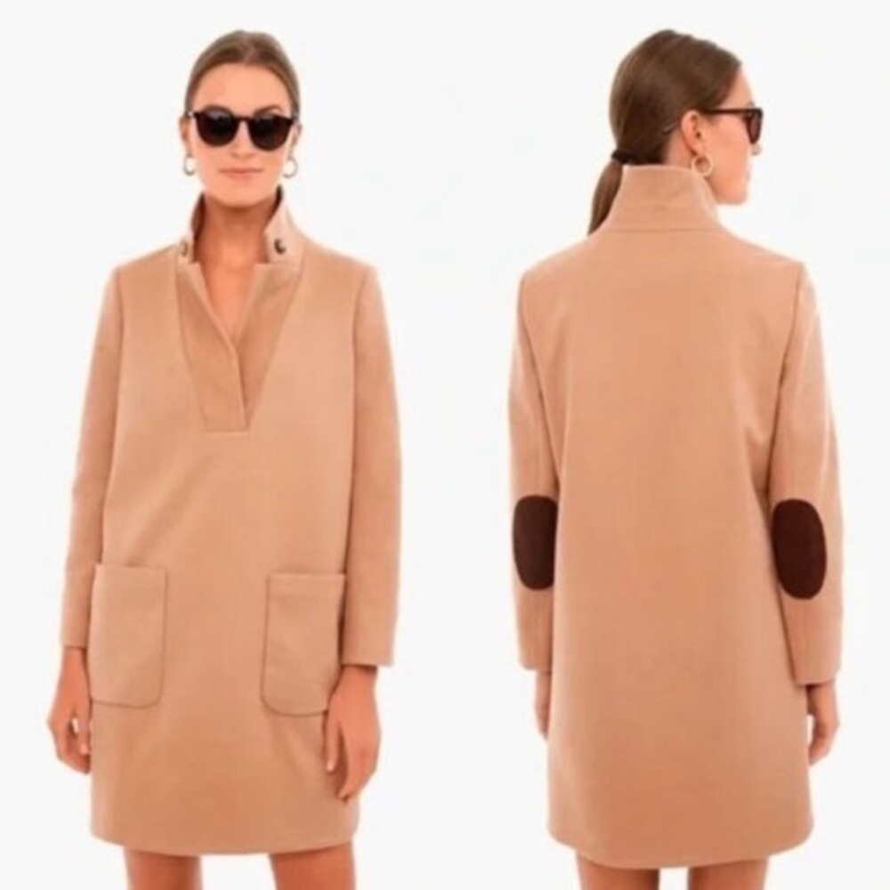 TUCKERNUCK Camel Emerson Coat Dress XS Equestrian Mock Neck Elbow Patch Mini